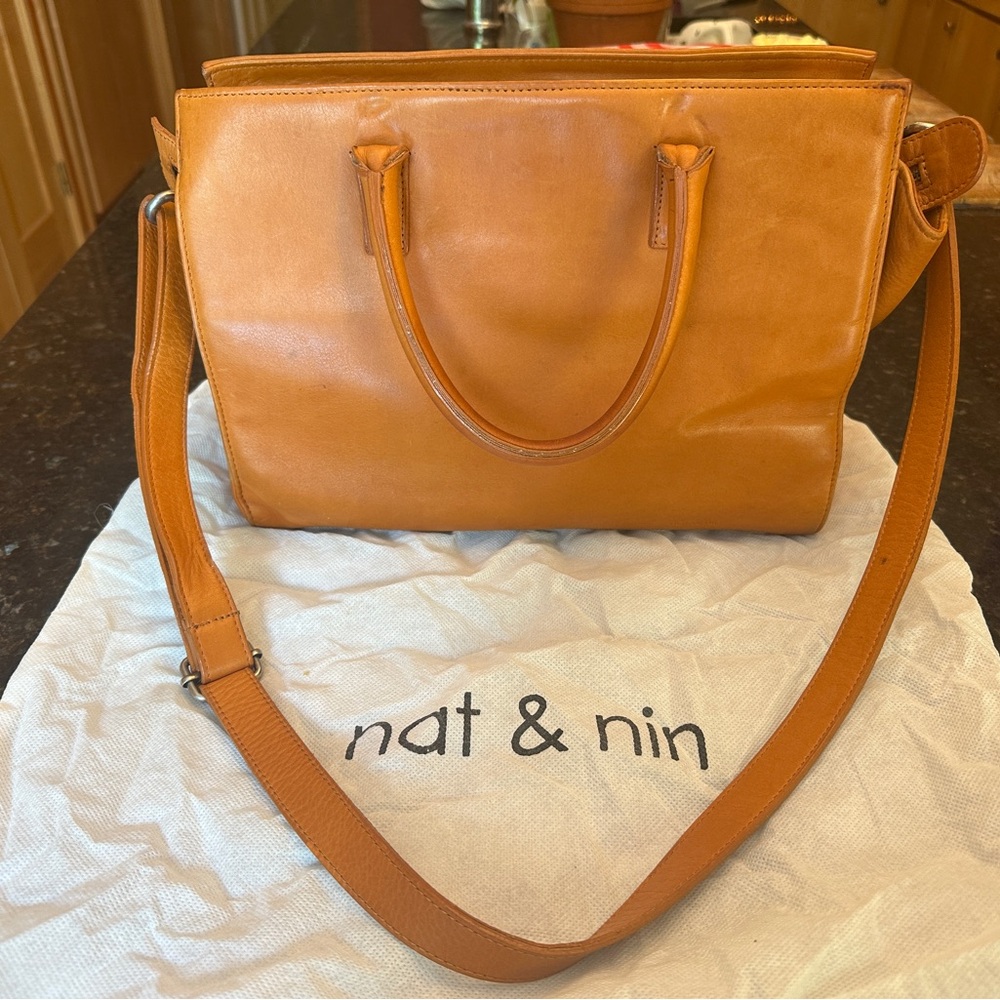 Nat & Nin terracotta leather purse with handles and detachable shoulder strap